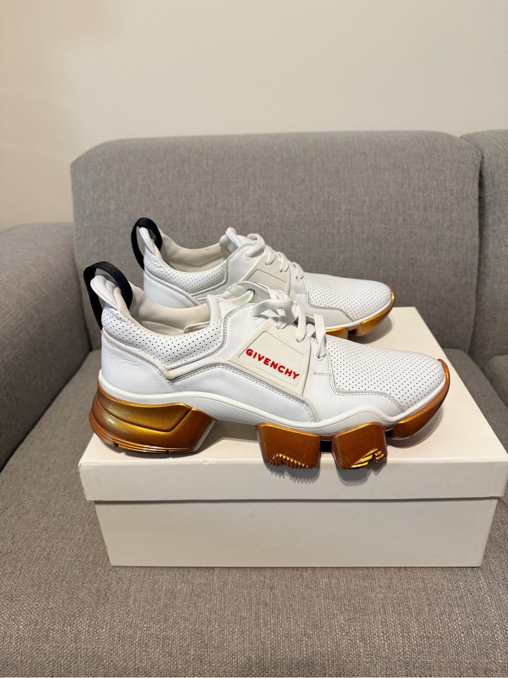 Givenchy White Sneakers with Gold Sculpted Sole and Red Logo